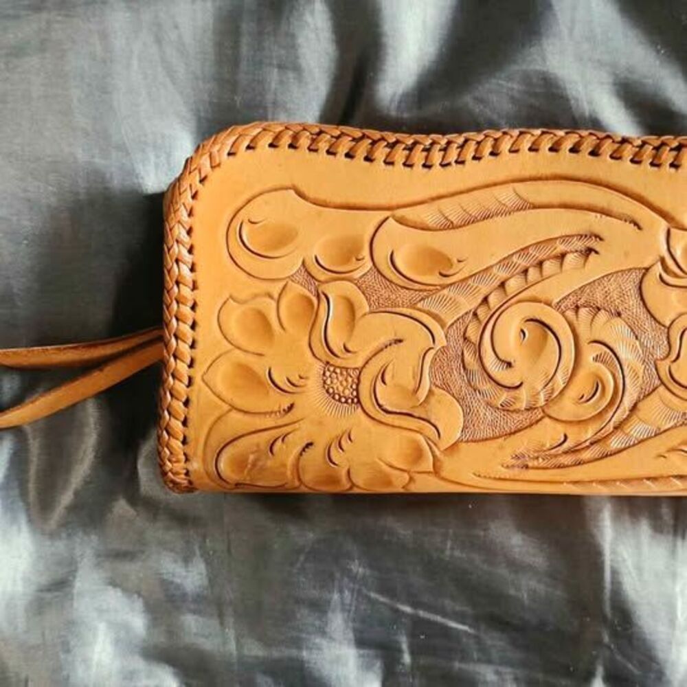 Vintage Cliftons Handmade Hand Tooled Leather Clutch Wristlet